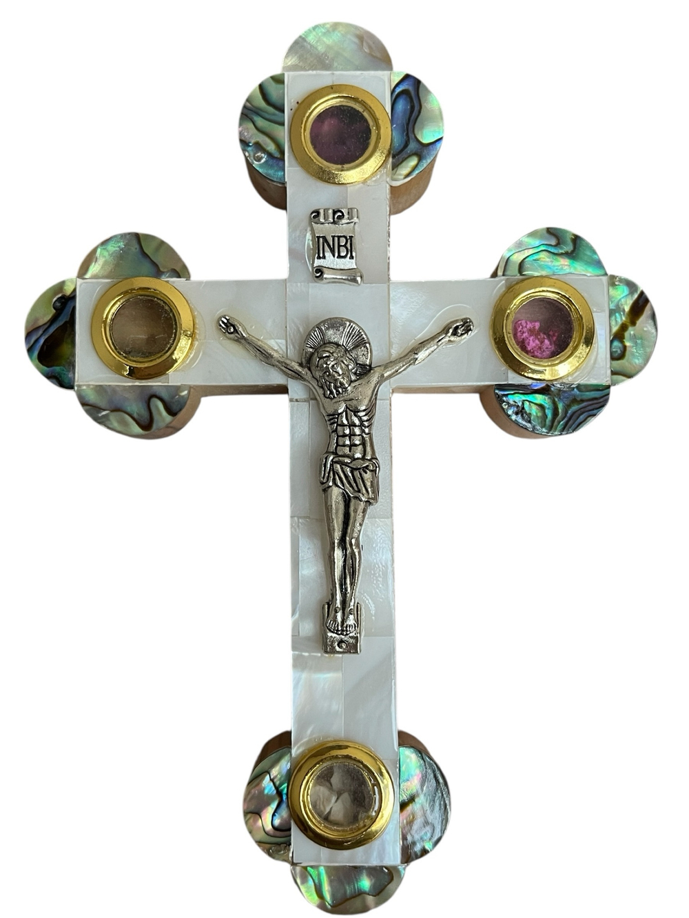 Крест распятие Иерусалимский из оливы, с белым перламутром, 4 вставками, высота 14 см