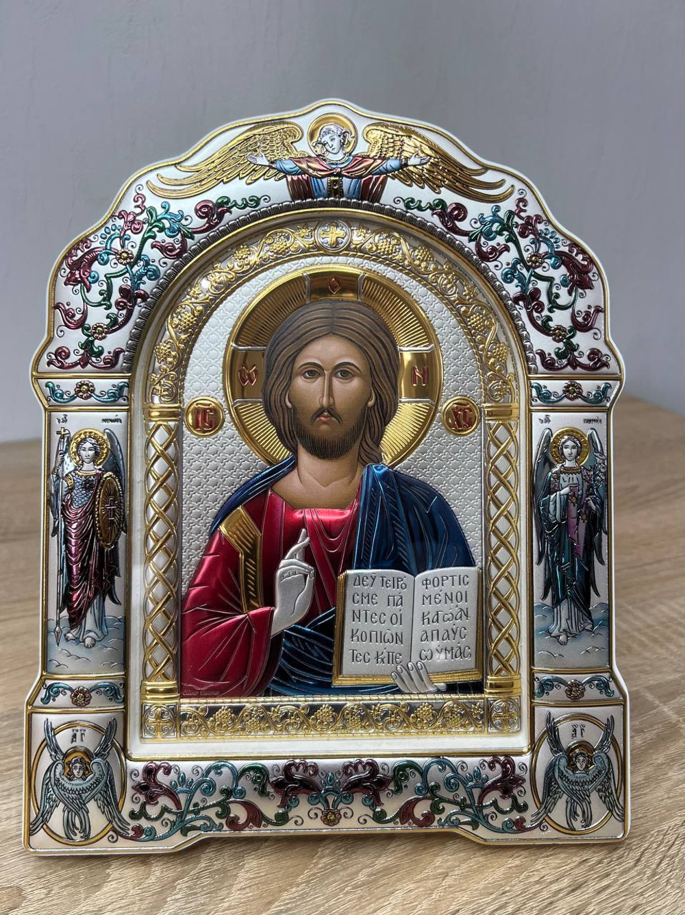 Спаситель, икона арочная с рамкой под стеклом, белое дерево, эмаль 206х270