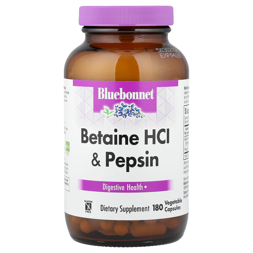 Bluebonnet Nutrition, Бетаина гидрохлорид, с пепсином, 180 растительных капсул