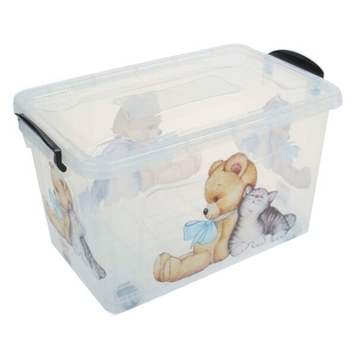 Контейнер для хранения №7 (50л) на колесах, прозрачный с рисунком МИШКА С КОТЕНКОМ П-118