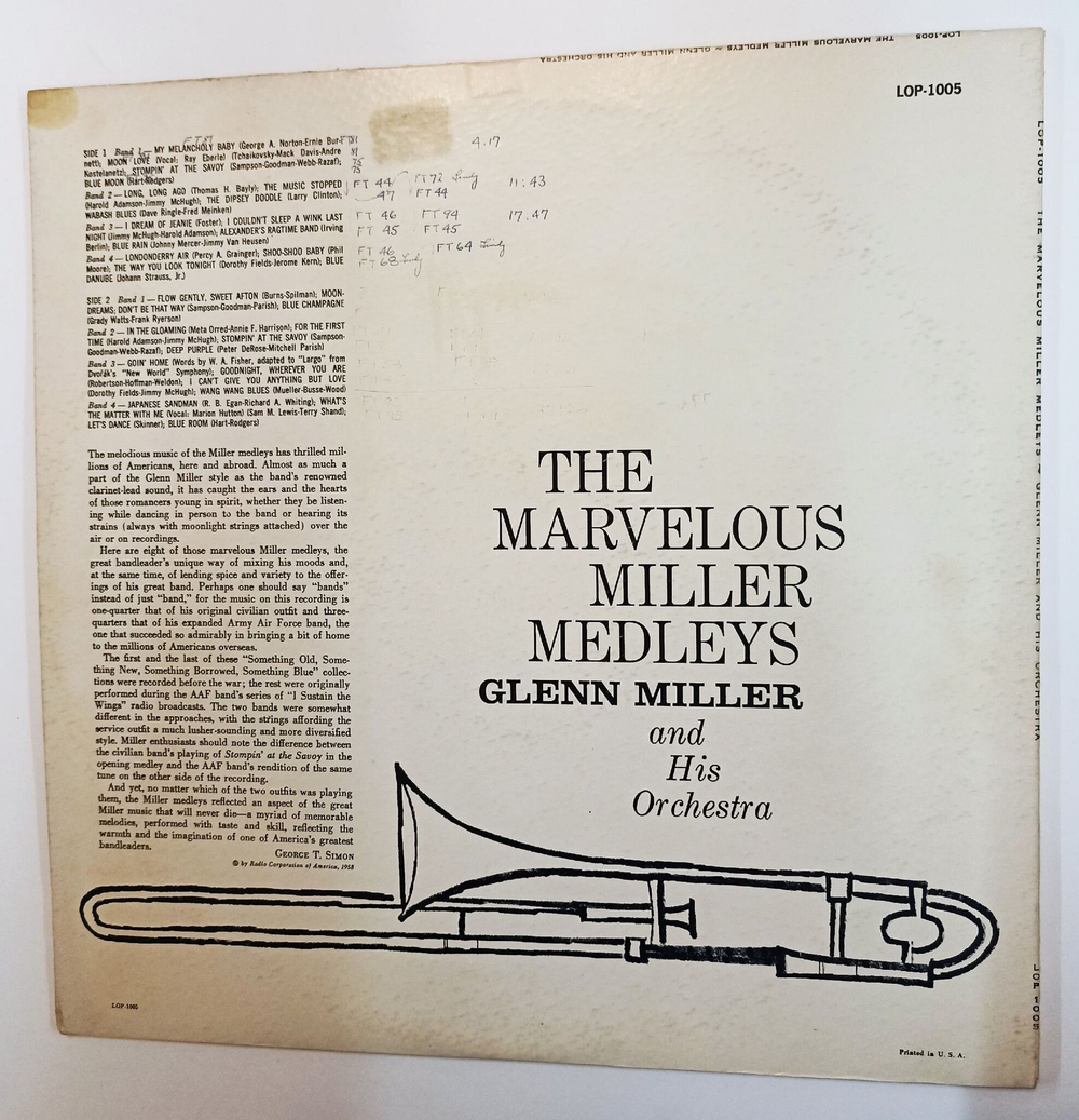 Винтажная виниловая пластинка LP Glenn Miller And His Orchestra The Marvelous Miller Medleys (USA 1958)