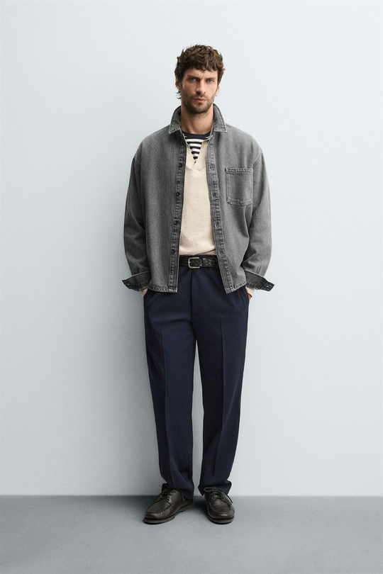 ZARA ДЖИНСОВАЯ РУБАШКА BOXY FIT, СЕРЫЙ