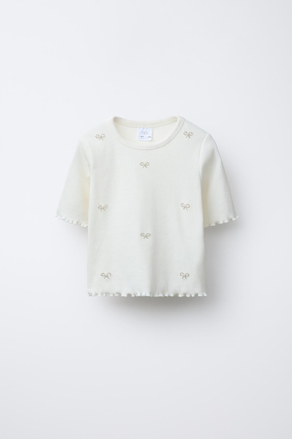 ZARA ФУТБОЛКА В РУБЧИК С БУСИНАМИ, БЕЖЕВЫЙ