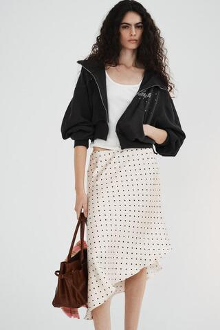 ZARA АТЛАСНАЯ ЮБКА АСИММЕТРИЧНОГО КРОЯ В ГОРОШЕК, ЭКРЮ/ЧЕРНЫЙ