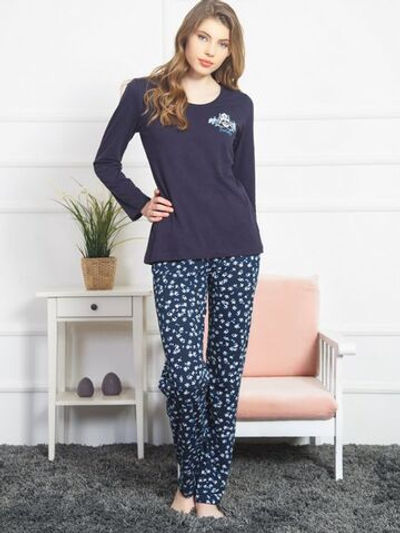 Домашний комплект с брюками в цветочек (Размер: M) (Цвет: розовый с синим)