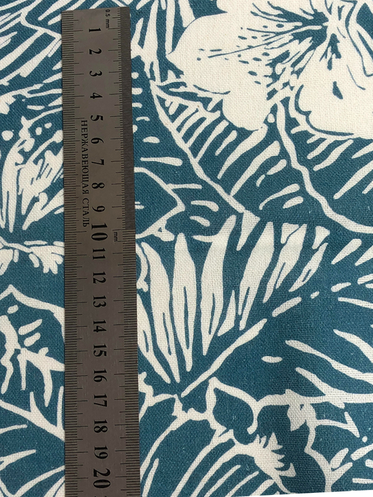 Плательная лен принт цветы бирюзовые на белом BST3482