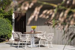 "Милан" стул плетеный из роупа, каркас алюминий белый шагрень, роуп бежевый круглый, ткань бежевая