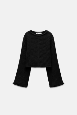 ZARA УКОРОЧЕННЫЙ СВИТЕР ИЗ РИФЛЕНОГО ТРИКОТАЖА, ЧЕРНЫЙ