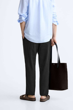 ZARA БРЮКИ ИЗ ХЛОПКА И ЛЬНА, ЧЕРНЫЙ