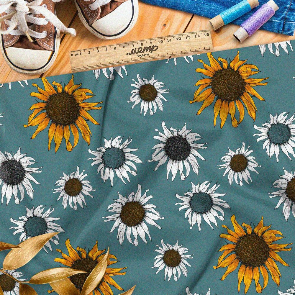 Ткань лён засыхающие подсолнухи на зелёном фоне