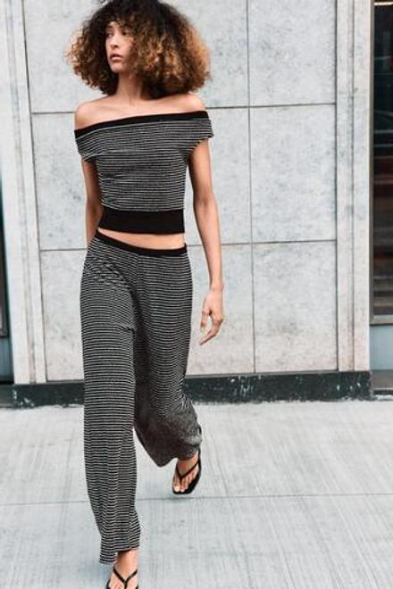 ZARA БРЮКИ ИЗ БУКЛЕ В ПОЛОСКУ, ЧЕРНЫЙ/ЭКРЮ