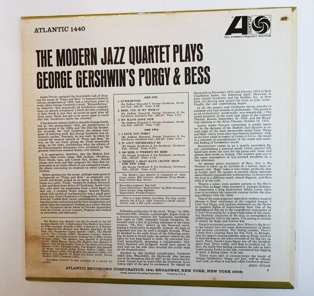 Винтажная виниловая пластинка LP The Modern Jazz Quartet Plays George Gershwins Porgy and Bess (USA 1965)