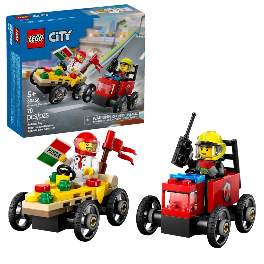Конструктор LEGO City 60458 Машина-пицца против гоночной пожарной машины