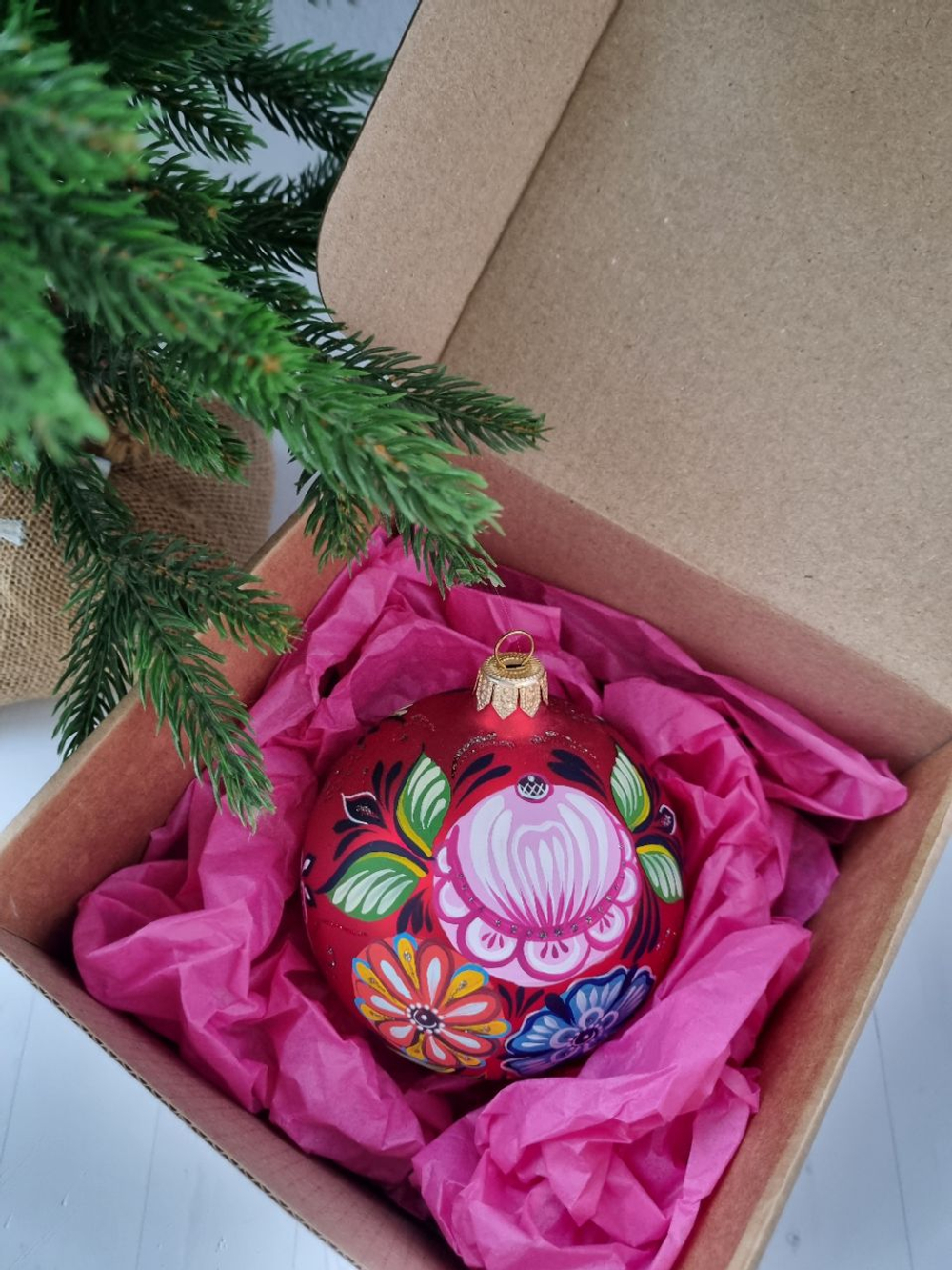 Шар стеклянный "Городецкая роспись" цветы, ручная работа