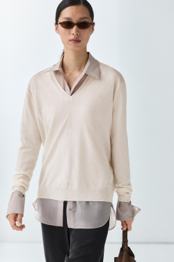 Massimo Dutti Джемпер из шерсти с V-образным вырезом, натуральный/кремовый