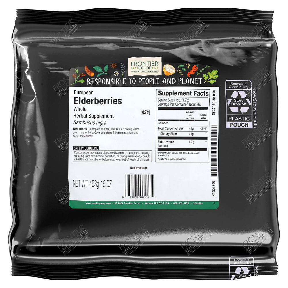 Frontier Co-op, Whole Elder Berries (Цельные ягоды бузины), 453 г (16 унций)