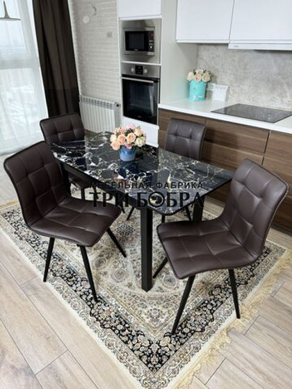 Стеклянный раздвижной стол "Черный мрамор" и стулья "ГУЧИ" коричневый