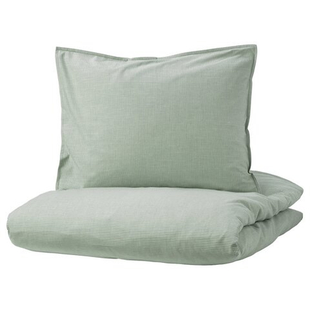 IKEA BERGPALM  (ИКЕА БЕРГПАЛМ)  -  Пододеяльник и 2 наволочки, зеленый/полосатый, 200x200/50x60 см