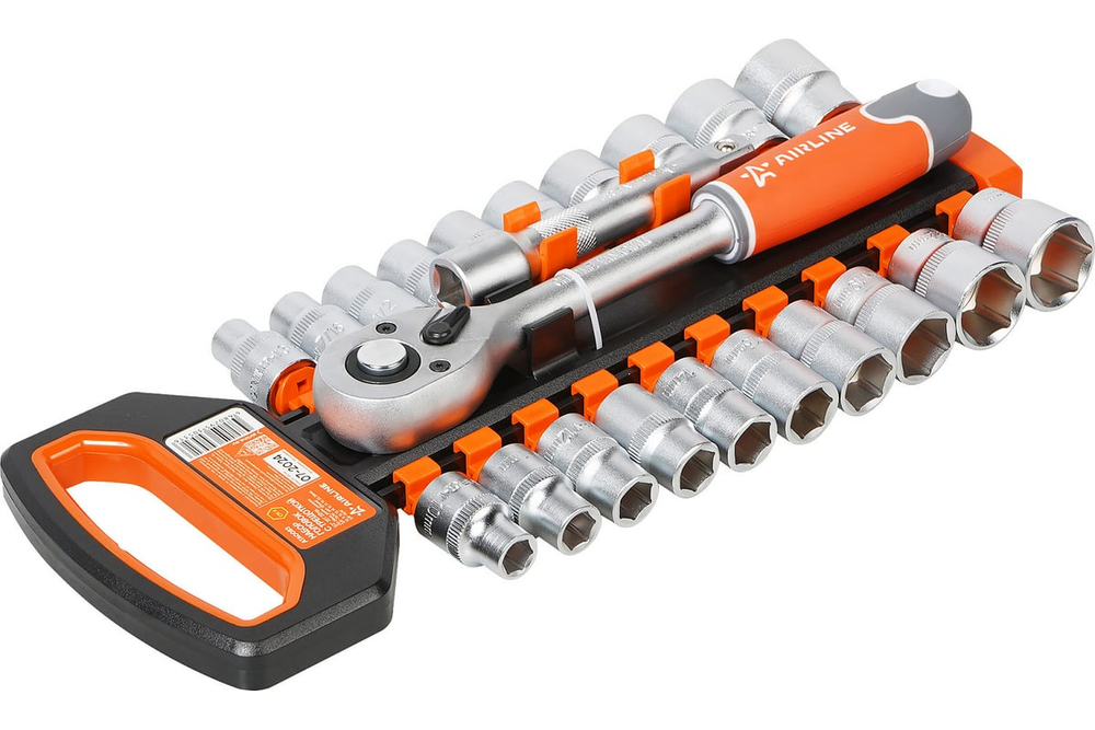 Набор головок с трещоткой 1/2" 72Т 22пр. (10-24мм, дюйм. размеры 3/8"-15/16", удл. 125мм) ATAO083 AIRLINE