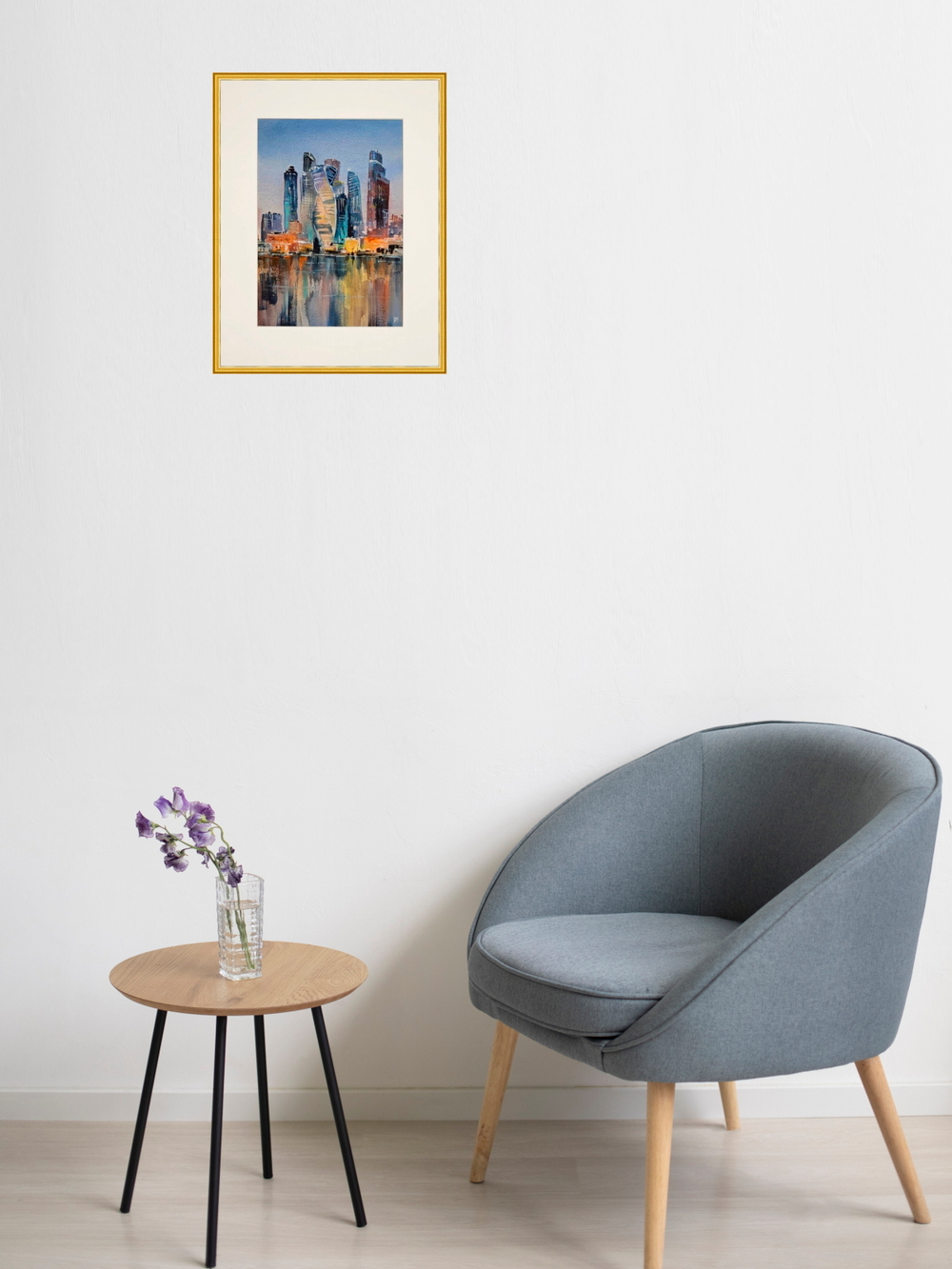 Картина авторская акварельная в паспарту 30х40 см на стену для интерьера "Сити. Москва"