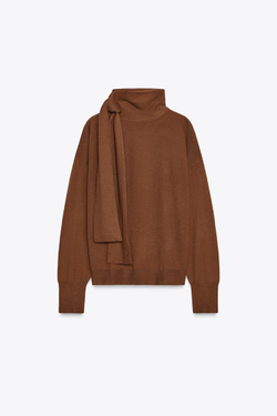 ZARA СВИТЕР ТОНКОЙ ВЯЗКИ С БАНТОМ, КОРИЧНЕВЫЙ