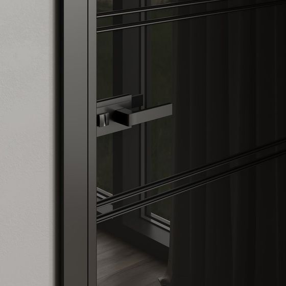 Модель 2AХ профиль чёрный матовый стекло чёрный триплекс в алюминиевом моноблоке INTEGRAL в интерьере