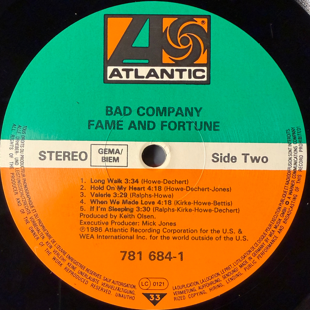 Bad Company ‎– Fame And Fortune (Германия 1986г.) Т
