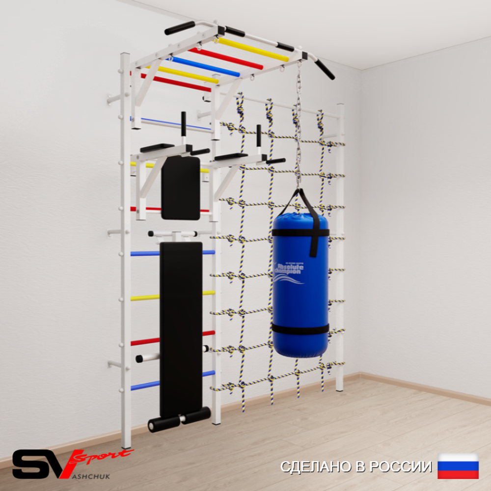 Шведская стенка Sv Sport усиленная 62420 (Турник рукоход/Брусья/Скамья/Цепь/Мешок 22кг/Канатный лаз)
