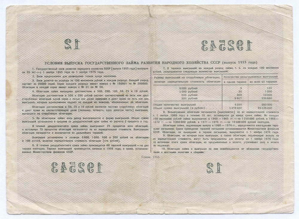 Облигация 100 рублей 1955 год. Серия № 192543. F