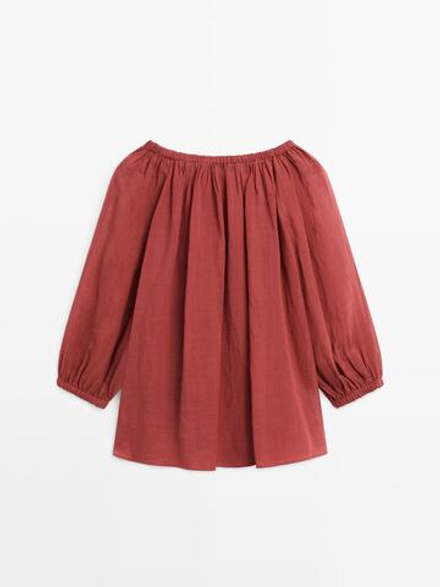 Massimo Dutti Блуза с широким воротником и драпировкой, красновато-коричневый