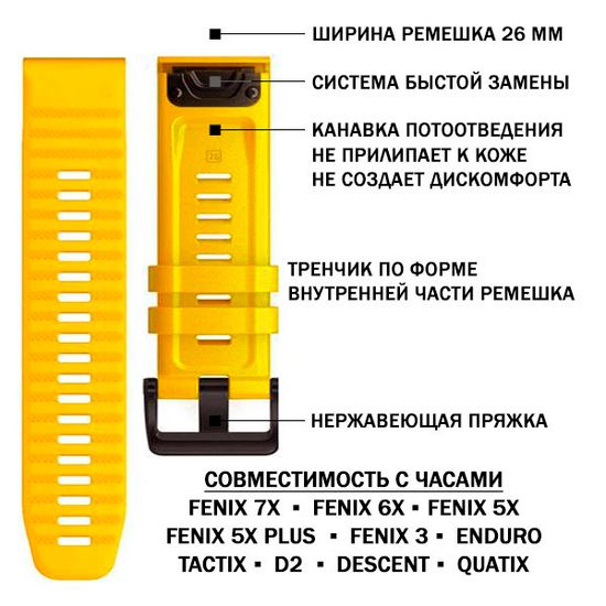 Ремешок силиконовый 26 мм. Premium для Garmin Fenix 7x/6x/5x/5x plus/3, Descent, Tactix, Enduro, D2, быстросъемный QuickFit (Янтарный)