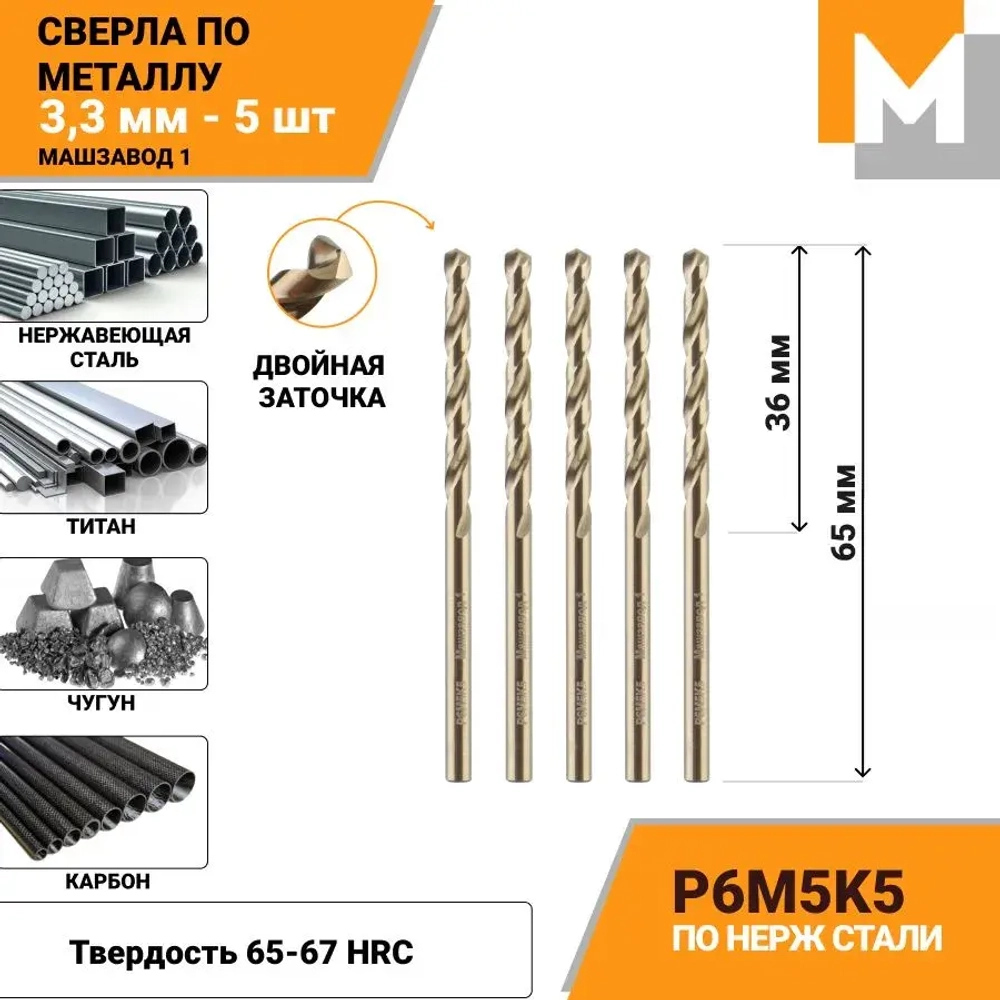 Сверло по металлу 3,3 мм - 5 шт. Р6М5К5 кобальтовое МАШЗАВОД 1