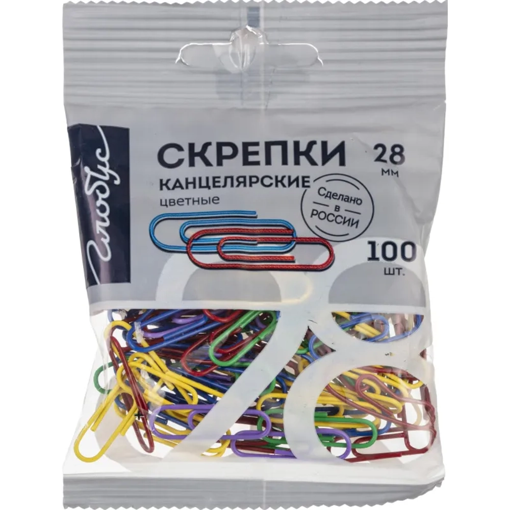 Скрепки канцелярские 28 мм Глобус С28-100ППл металлические с полимерным покрытием (100 штук в упаковке)