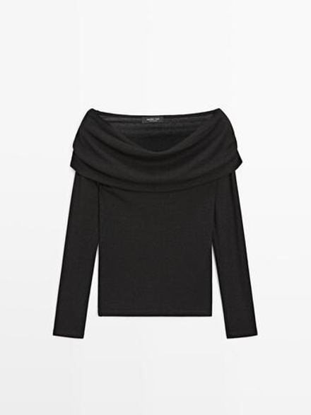 Massimo Dutti Футболка в рубчик с длинными рукавами и блестящей отделкой, черный