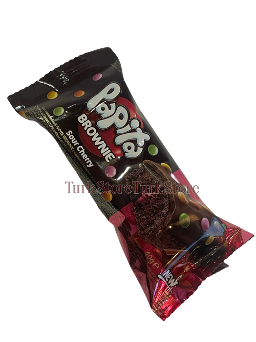 Кекс шоколадный PAPITA BROWNIE с какао-глазурью, кислой вишневой начинкой и цветным драже 40 гр