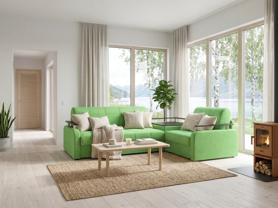 Диван угловой с Баром Денвер 1,2 - Velutto 31 зеленый/  коричневая накладка