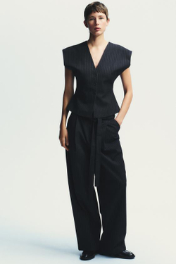 ZARA БРЮКИ СО СКЛАДКАМИ И ПОЯСОМ, МОРСКОЙ СИНИЙ