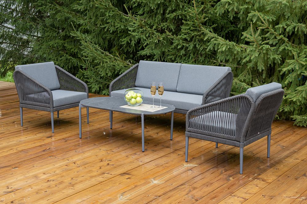 "Канны" лаунж-зона 4-местная (разборная) из роупа со столиком "Диего" цвета "серый гранит", роуп темно-серый круглый, ткань темно-серая