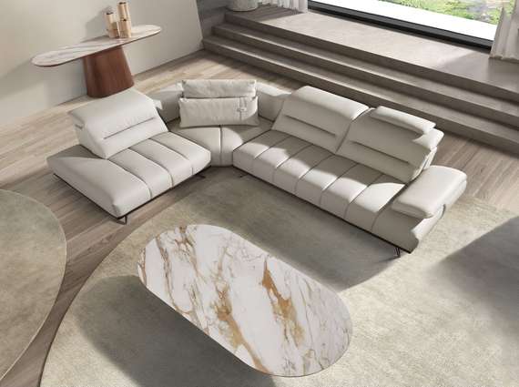 Угловой диван с левым шезлонгом 6243 из светло-серой кожи