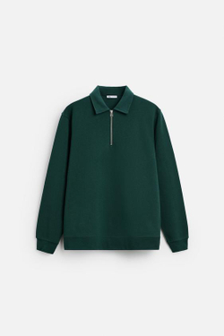 ZARA ПОЛО С ВОРОТНИКОМ НА МОЛНИИ, ЗЕЛЕНЫЙ