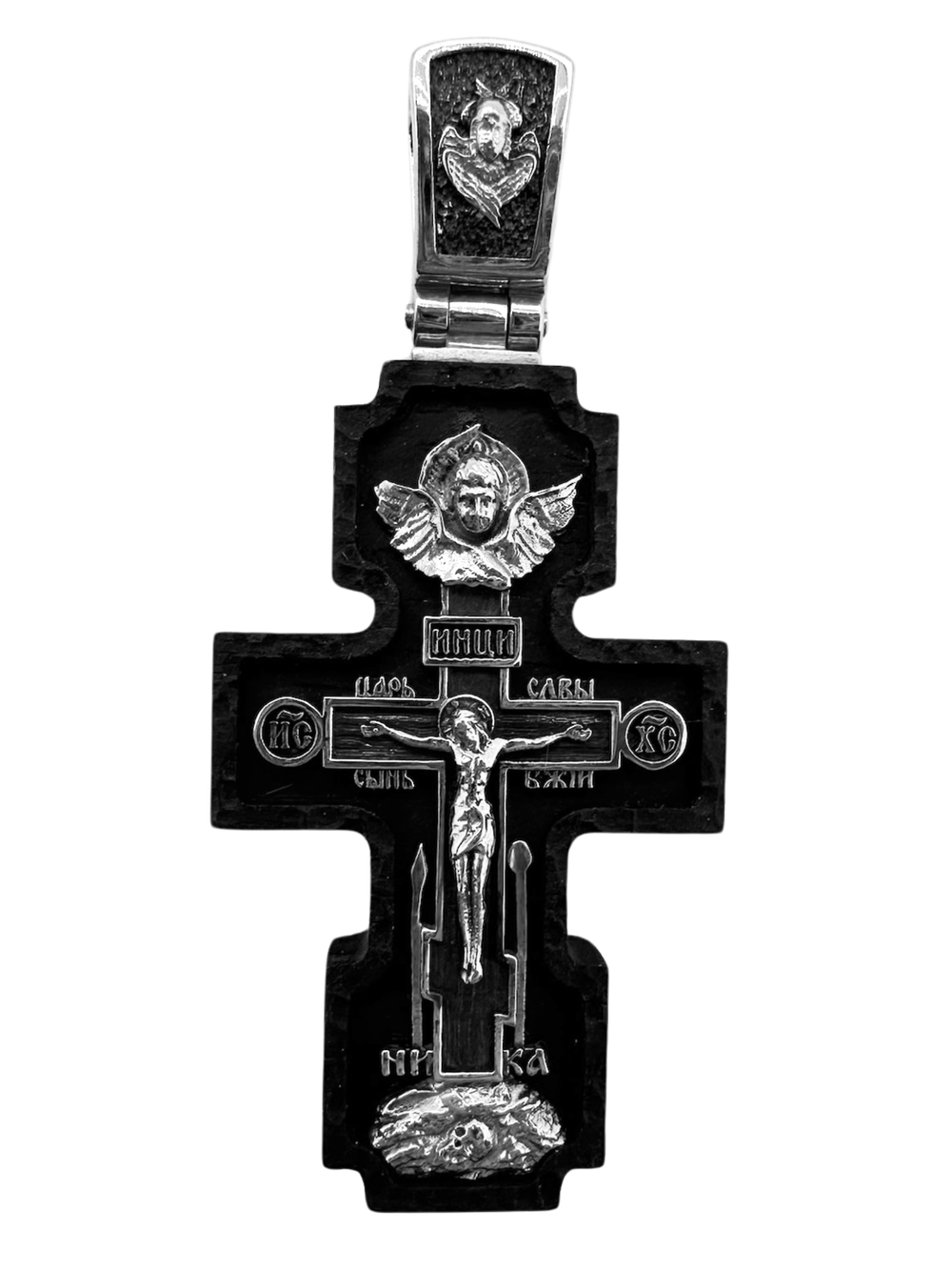 Крест деревянный с элементами серебра "Распятие.Архангел Михаил.Молитва Ангелу Хранителю"