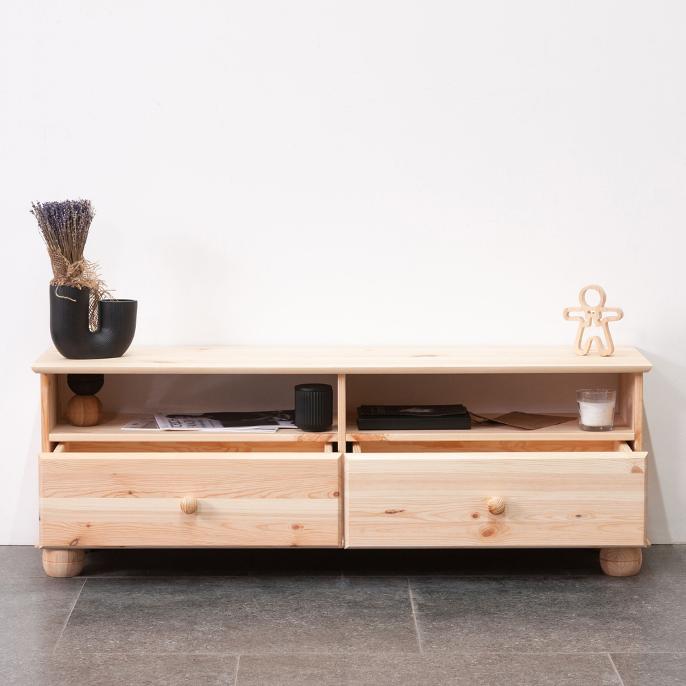 Тумба под телевизор 115х32х40, Бритта, напольная, с ящиками и полками, массив сосны, в натуральной отделке, Dipriz