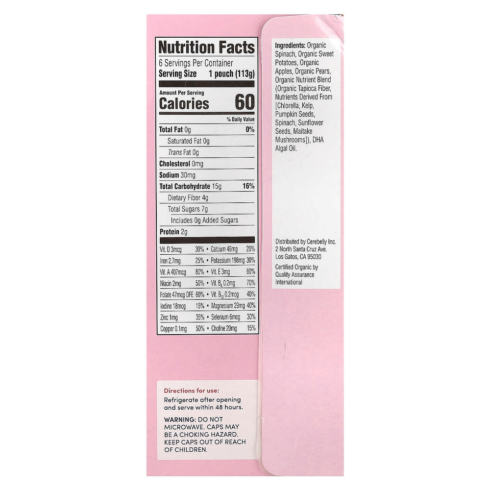 Cerebelly, Organic Baby Puree, Spinach, Apple, Sweet Potato, 6 Pouches, 4 oz (113 g) Each