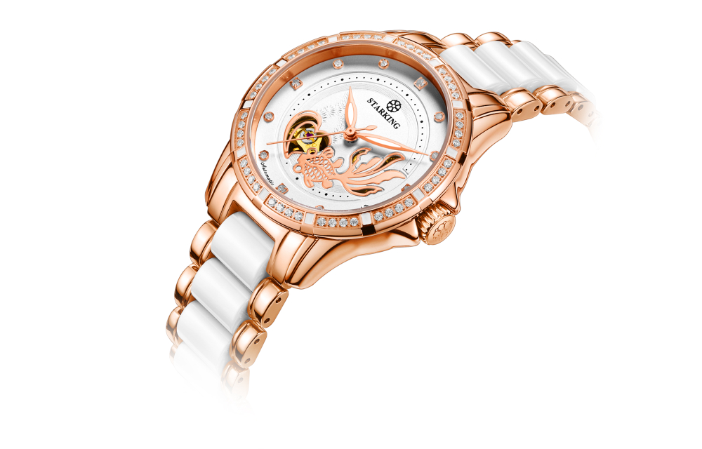 STARKING Koi Fish Collection Automatic Mechanical Movement Ceramic Strap Watch Women"s Watch White Dial