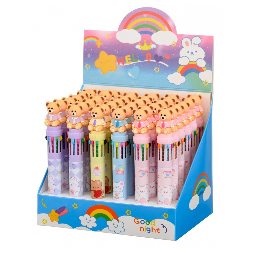 Ручка шариковая, автоматическая, 10в1, Basir, серия "Мишки", 10-ти цветная, с резиновой фигуркой, 36 шт