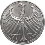 5 марок. Германия. (J). Серебро. 1966 год. AU
