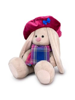 Мягкая игрушка Зайка Ми в бархатном берете и шарфе в клетку 18см