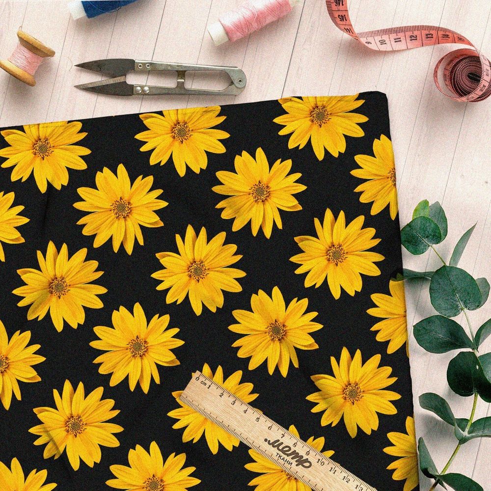 Ткань мембрана жёлтые цветы на чёрном