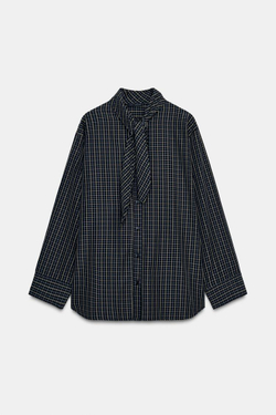 ZARA РУБАШКА В КЛЕТКУ С ХЛОПКОВЫМ ПЛАТКОМ, ЧЕРНЫЙ/ЭКРЮ