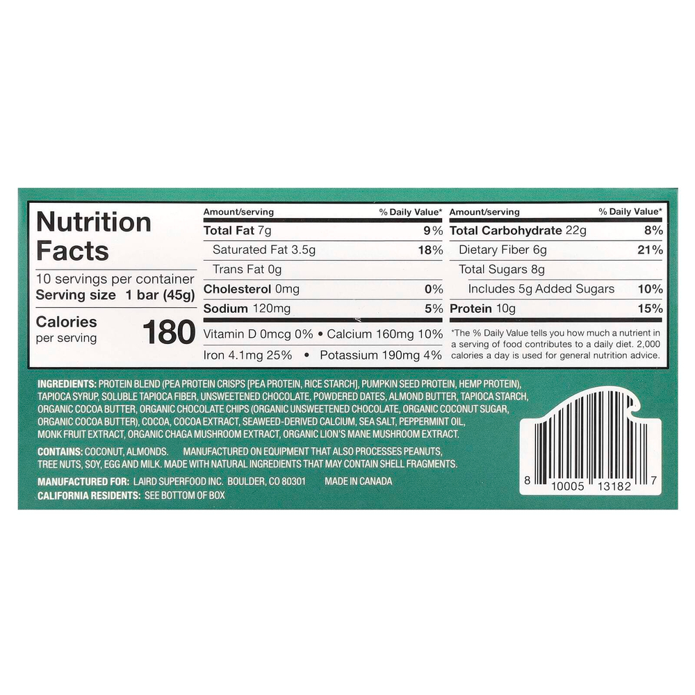 Laird Superfood, Протеиновый батончик + адаптогены, шоколадно-мята, 10 батончиков по 45 г (1,6 унции)